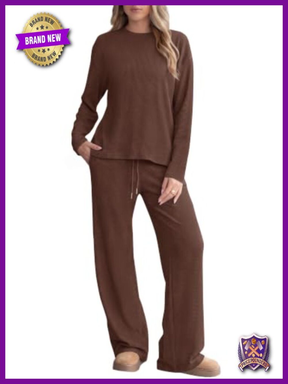 Waffle Knit 2 Piece Lounge Set Wide Leg Drawstring Pants Crewneck Top